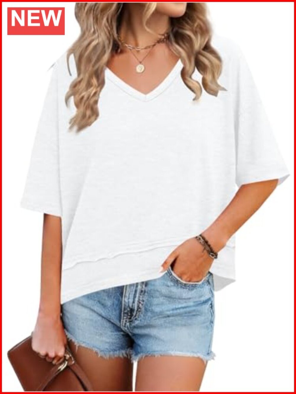 Womens V Neck Loose Fit T Shirt Flowy Casual Summer Top